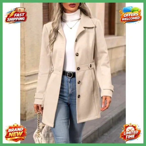 Womens Wool Blend Pea Coat Notched Lapel Button Front Casual Overcoat